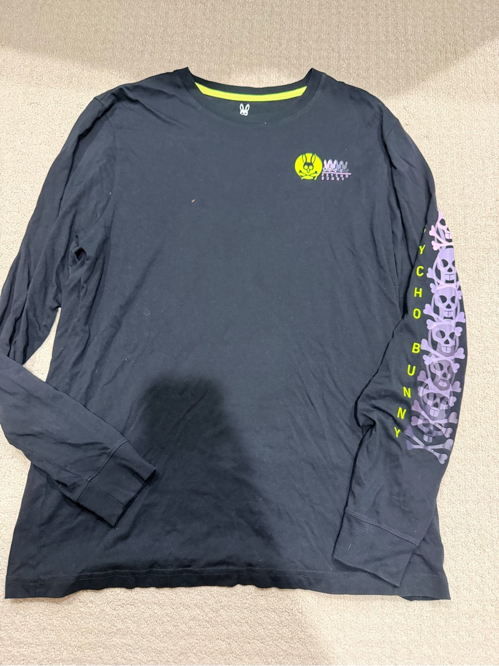 Psycho Bunny Black Long-Sleeve Tee with Neon Yellow and Lavender Graphics